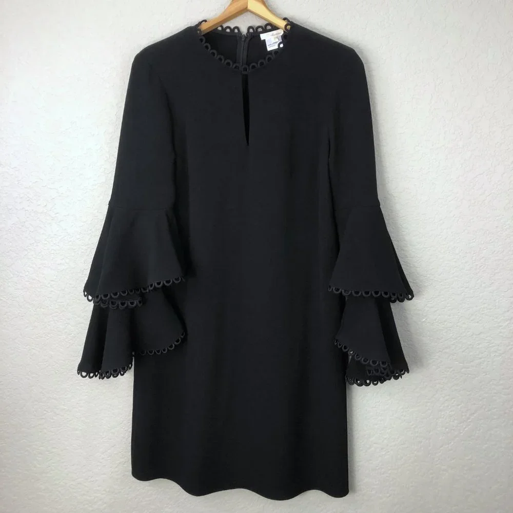 Shoshanna Laced Tiered Bell Sleeve Dress Black 8 - Picture 3 of 11